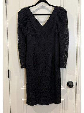 Vintage Long-Sleeve Black Lace Dress Lined Puffed Sleeves Shoulder Pads EUC